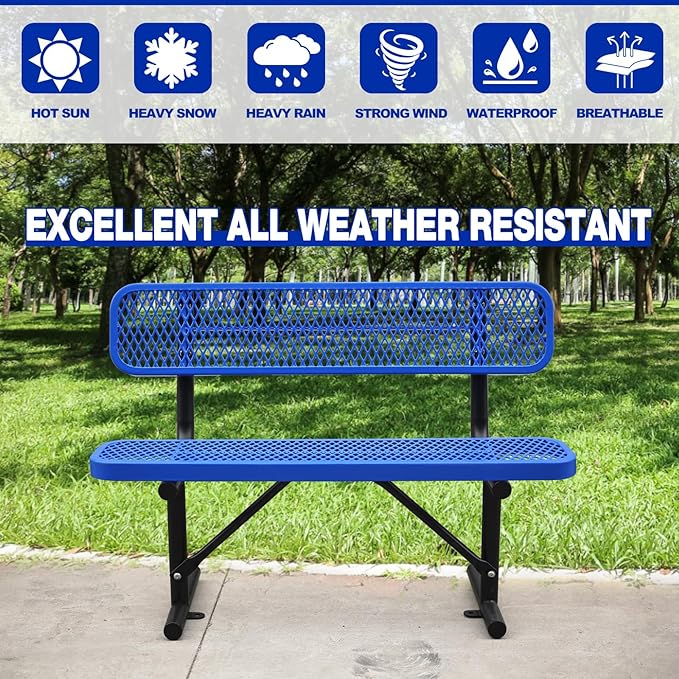 Heavy Duty Park Bench with Back Portable Frame, Outdoor Metal Park Bench with Backrest, Steel Mesh Outdoor Bench for Garden, Lawn, Patio, Porch, Park, Yard (Blue, 48" D x 23.2" W x 32.5" H)