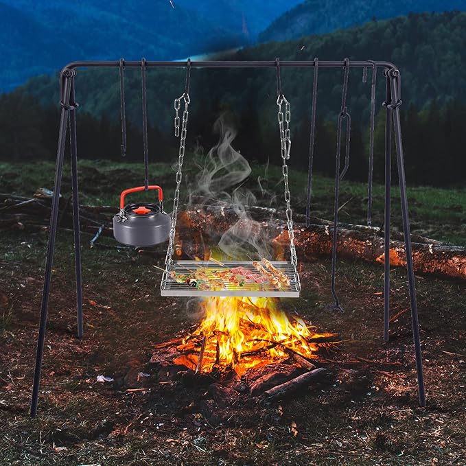 REDCAMP Swing Campfire Grill Stand - Collapsible Campfire Cooking Rack with 6 Hooks & Stainless Steel Grill Grate, Portable Dutch Oven Hanger for Outdoor Camping, Cookware, Bonfire, Rectangle ﻿