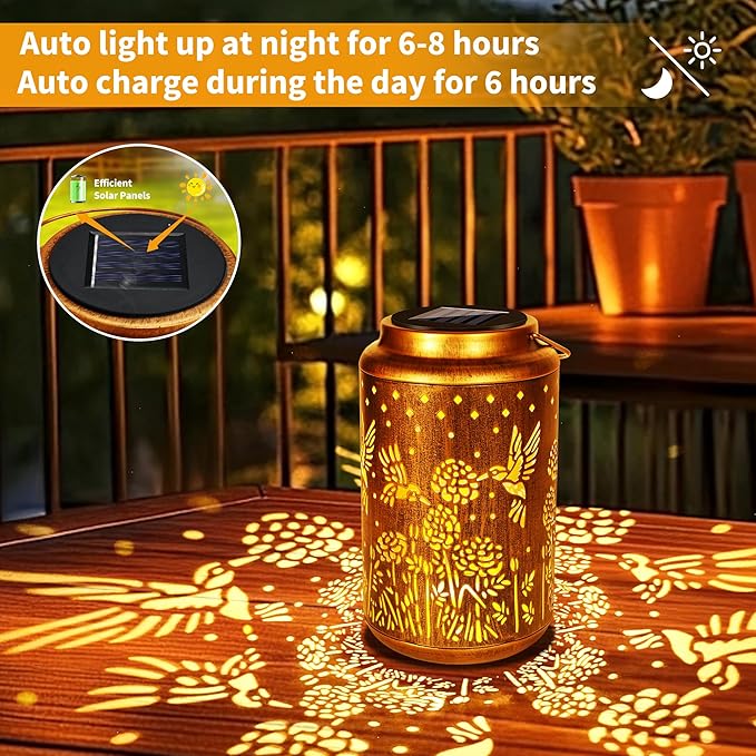 Brizled Hummingbird Solar Lantern Lights, 2 Pack LED Hollow Out Hanging Lantern Lights Outdoor, Warm White Solar Garden Light Decorative Retro Metal Outdoor Lighting for Garden Patio Courtyard Path