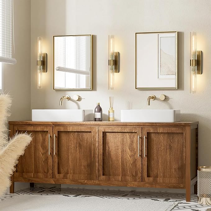 Brass Bathroom Vanity Wall Sconces, 2-Light Glass Tube Wall Sconces, 22.8” Horizontal or Vertical Linear Wall Sconces, Gold Vanity Light, Indoor Wall Sconces, E26 Bulb Included