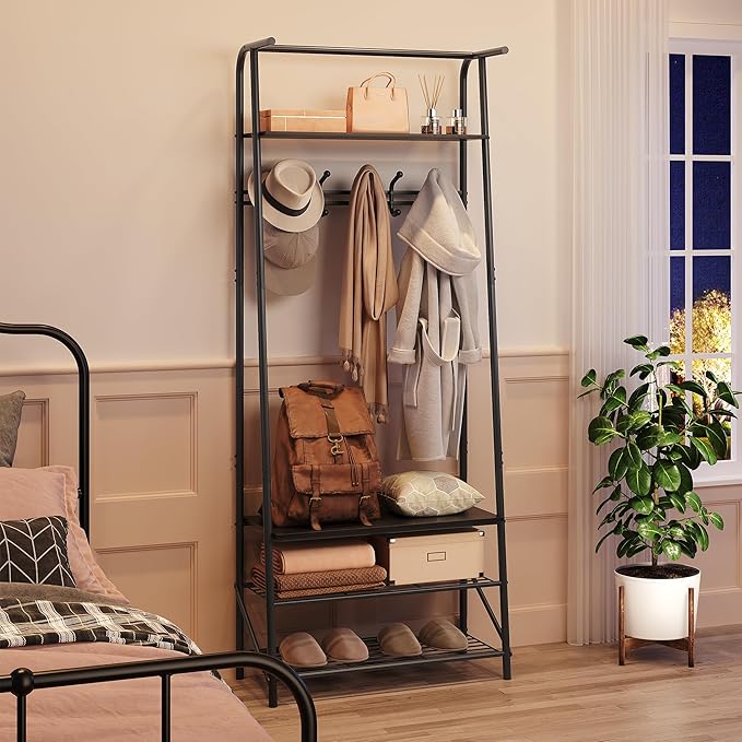 Coat Rack Hall Tree with Shoe Storage Bench, 4-in-1 Entryway Organizer, 5 Hooks & 3-Tier Shoe Rack, Freestanding Metal Frame for Hallway, Front Door