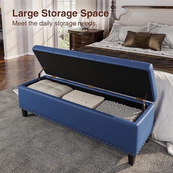 Storage Ottoman Bench,51-Inch Large Storage Bench for Bedroom End of Bed, 30 Gallons Faux Leather Ottoman with Storage for Bedroom, Living Room, Entryway, Hallway, Blue