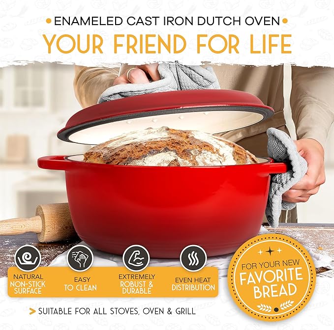 6 QT Enameled Cast Iron Dutch Oven for Bread Baking with Lid - Incl. Sourdough Bread Baking Supplies like Banneton Bread Proofing Basket, Cast Iron Bread Oven, Bread Pan, bread making tools