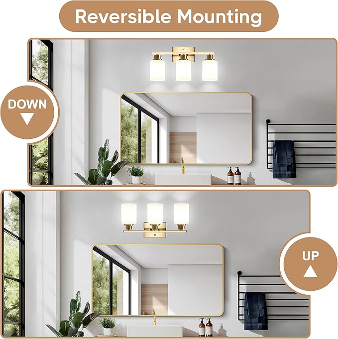 Ascher Bathroom Light Fixtures, 3-Light Vanity Light Over Mirror, Gold Wall Sconces with Milky White Frosted Glass Shades, Wall Lamp for Living Room Bedroom, E26 Base(Bulbs Not Included)