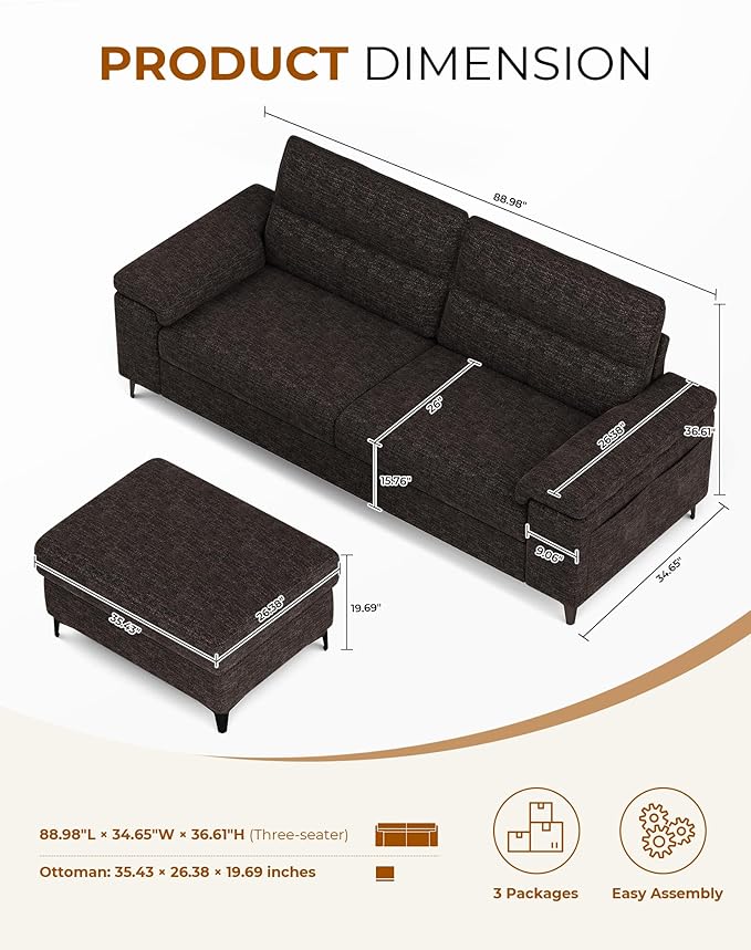 88.97" L Shaped Sectional Couches for Living Room, Deep Seat Sofa with Storage Ottoman & 8”Cushion, Comfy 2-Seater Chenille Loveseat, Convertible Armrest, Removable Cover for Small Space(Dark Gray)