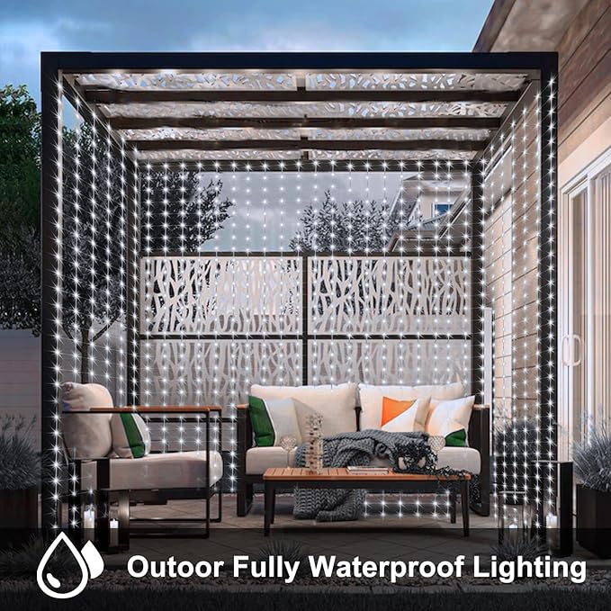 echosari Curtain Lights Battery Operated, 200 LED Curtain Fairy Lights 6.6×6.6ft with Remote Timer Outdoor Wall Light Fully Waterproof for Wedding Backdrops Bedroom Decor (Cool White)