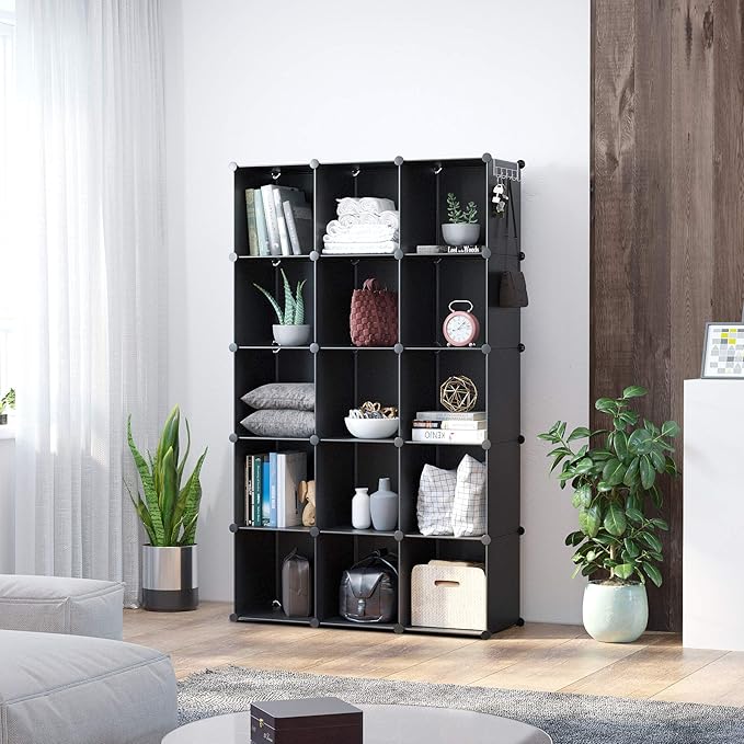 C&AHOME Cube Storage Organizer, 16-Cube Shelves Units, Plastic Storage Cubes, DIY Closet Organizer, Modular Closet Storage Shelves Ideal for Home, Bedroom, 48.4" L × 12.4" W × 48.4" H Black SUM3016H