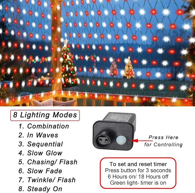 Pooqla Christmas Net Lights, 300LED Outdoor Net Mesh Lights, 14.8x4.9 ft Fairy String Lights 8 Modes Green Wire, Connectable Waterproof Decorative for Bushes Tree Garden Christmas, Red and White