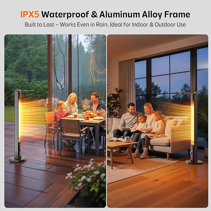 Outdoor Electric Patio Heater, 42-inch 1500W Infrared Tower Heater with 9 Heat Settings & 9H Timer, IPX5 Waterproof, Safety Lock, Tip-Over & Overheat Protection Space Heater for Indoor & Outdoor Use