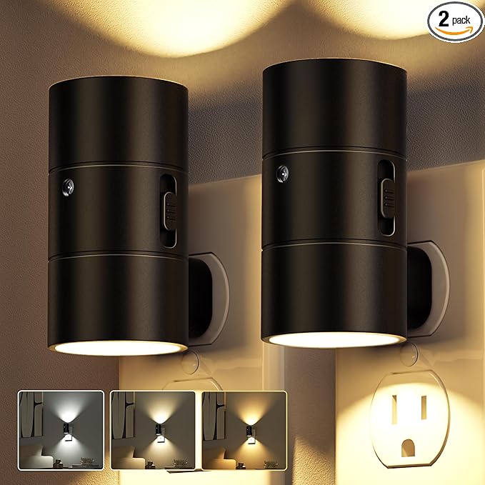 JOFIOS Night Lights Plug Into Wall,Dimmable LED Nightlight with Dusk to Dawn Light Sensor,0-100LM Adjustable Brightness,3 Color Temperatures,Night Light for Hallway Bathroom Stair Bedroom,Black,2 Pack