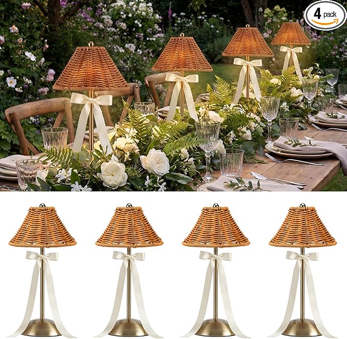 4 Pack Wedding Cordless Rattan Table Lamps Wicker Night Light LED Rechargeable Reading Lights 3 Color Portable Touch Control Party Decor with Bows for Outdoor Party Wedding Patio