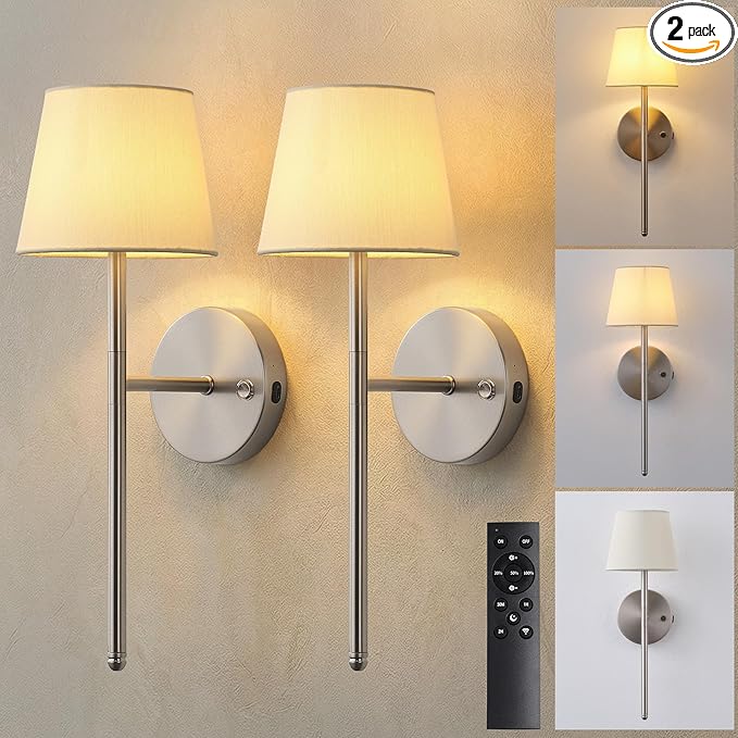 Wall Sconces Battery Operated Set of Two, Small Rechargeable Wall Lights with Remote, 5200mAh Fabric Shade Cordless Wall Lamp for Bedroom, Hallway, Living Room, Dining Room, Picture (Silver)