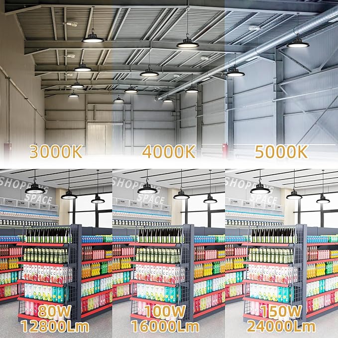 RMC 4 Pack UFO LED High Bay Light 150W 24000LM, 3 CCT Switchable (3500K/4000K/5000K), 0-10V Dimmable, 120-277V, ETL Listed, Commercial LED Shop Lights for Warehouse, Workshop, Barn, Factory