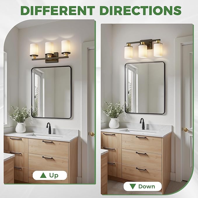 DORESshop 17 Inch Bathroom Light Fixtures, 3-Light Black and Gold Bathroom Lighting Fixtures Over Mirror with Milk Glass Shade, Vanity Lights for Living Room Bedroom