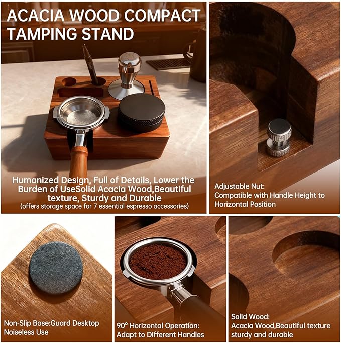 9 Pcs Espresso Accessories Kit, 58mm Espresso Tamper Tools, with Wooden Espresso Tamping Station, Distributor, Stirrer, Dosing Funnel,Puck Screen, Brush, Latte Art Pen and Decorative Stencils