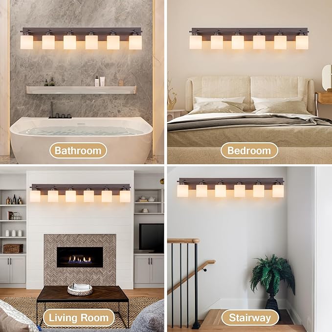 6 Light Modern Bathroom Light Fixtures Over Mirror, Bronze Finish Vanity Lights for Bathroom Wall Sconces with Milky White Glass Shades, E26 Socket (Bulbs Not Included)