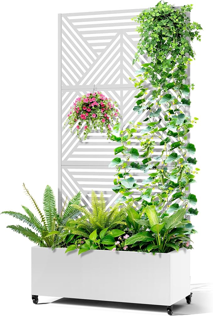 Metal Raised Garden Bed with Trellis, 2-in-1 Planter Box & Privacy Screen for Climbing Plants, Outdoor Standing Flower Bed with Drainage Holes, 35.4" L x 15.7" W x 70.1" H, White-Zodiac