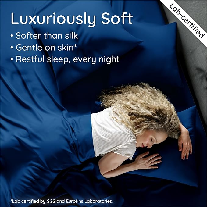 Bambaw King Sheets Set 4pcs – 100% Viscose Derived from Bamboo Sheets King Size Extra Deep Pocket, Ultra Soft, Fits Up to 16'' with Elastic Corner Straps, King Size Sheets Set Cooling (Navy Blue)