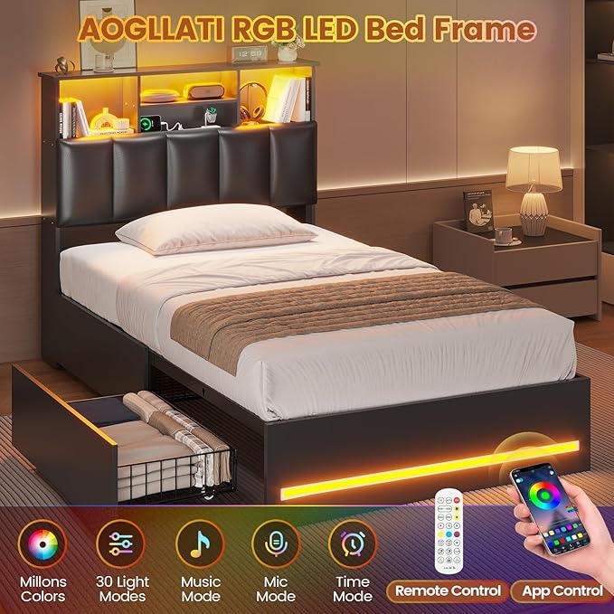 AOGLLATI Twin Bed Frame with 4 Storage Drawers & Charging Station & LED Lights, Twin Bed Frames with Stylish Bookcase Headboard, Led Bed Frame with Metal Slats, No Box Spring Needed,Black