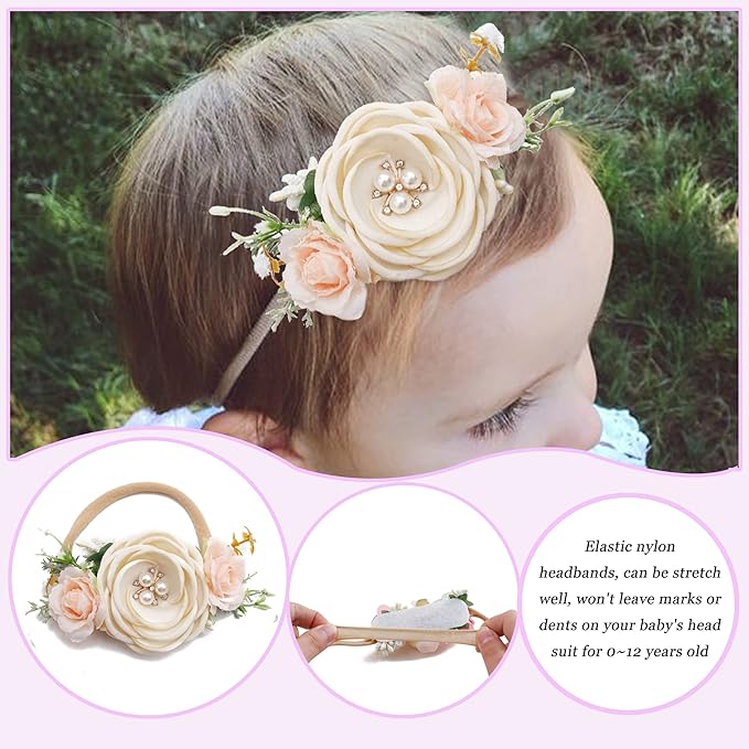 Baby Girl Flower Headband 4 PCS Elastic Hairbands Handmade Nylon Bows Headbands Chic Floral Hair Accessories Kids Gifts for Newborn Infant Toddlers