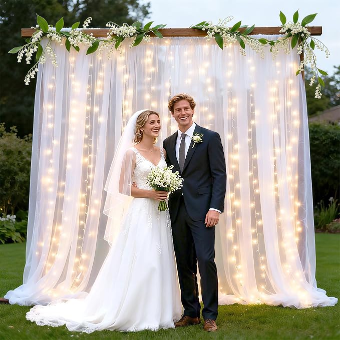 Ledido 10×10ft White Tulle Backdrop Curtains with Lights String - 300LED Fairy Lights Sheer Curtain Backdrop for Wedding Baby Shower Photo Shoot Birthday Party Decoration(2 Panels 5×10ft)，White