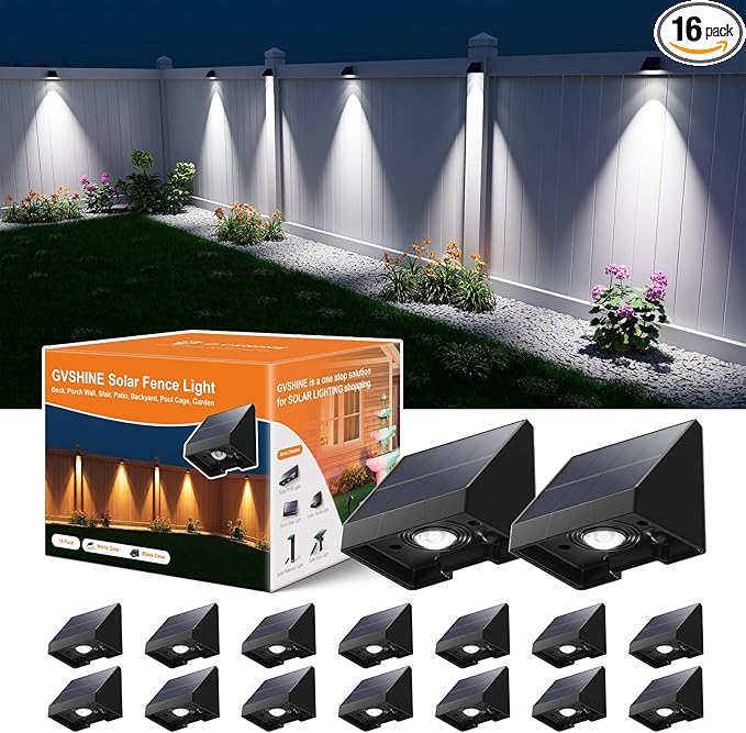16 Pack Bright Sun Power Fence Lights Outdoor Waterproof with Cool White LED Spot, for Exterior Door, Deck, Step, Yard, Railing, Porch, Pool Cage, Modern Designed for Enhanced Security, Easy Mounting