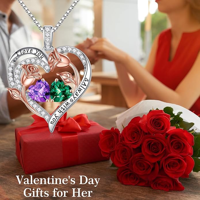 Iefil Christmas Gifts for Women Wife - 925 Sterling Silver Rose Heart Birthstone Necklace Birthday Anniversary Jewelry Gifts for Her Wife Mom Daughter
