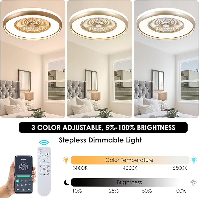 24" Bladeless Ceiling Fan with Light Remote, Smart LED Ceiling Fans with App Control, Modern Low Profile Dimmable Light Ceiling Fan for Bedroom Living Room Gold