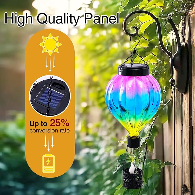 Hot Air Balloon Hanging Solar Lantern Outdoor Waterproof with Flickering Flame Gifts for Women Grandma Mom Glass Hanging Solar Lights Decorative for Outside Wall Front Porch Yard Garden Fence