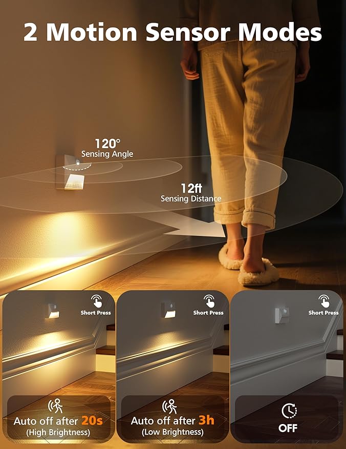 NIORSUN Motion Sensor Night Light, Rechargeable Stair Lights Indoor, 3 Colors and Motion Modes 2000mAh Battery Night Light with Light Sensor for Stairway, Hallway, Bathroom, Kitchen White 8 Pack