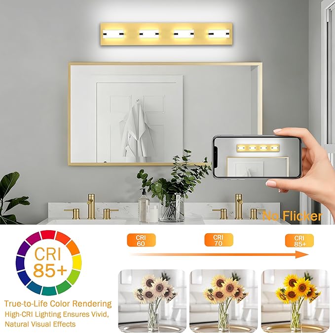 LED Bathroom Light Fixtures, 4-Light Modern Vanity Lights with Milky White Frosted Acrylic Shades, Gold Bathroom Lighting Fixtures Over Mirror, ETL Listed, 27W 5CCT Adjustable