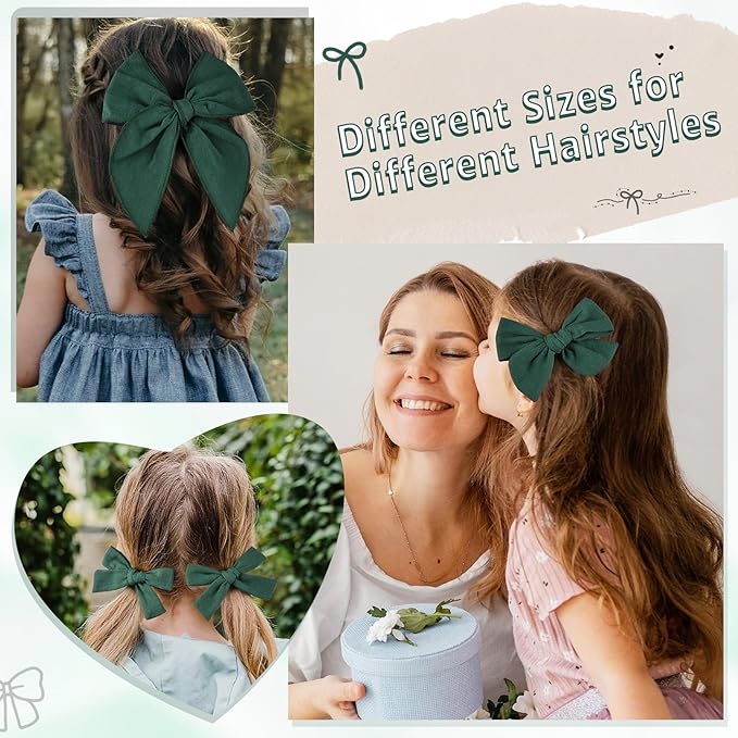 DEEKA 4 PCS Dark Green Cotton Linen Hair Bows 3 Styles 5" & 4" Handmade Hair Bow set for Toddler Girls Alligator Hair Clips Knot Bows Hair Accessories for Little School Girls (Dark Green)