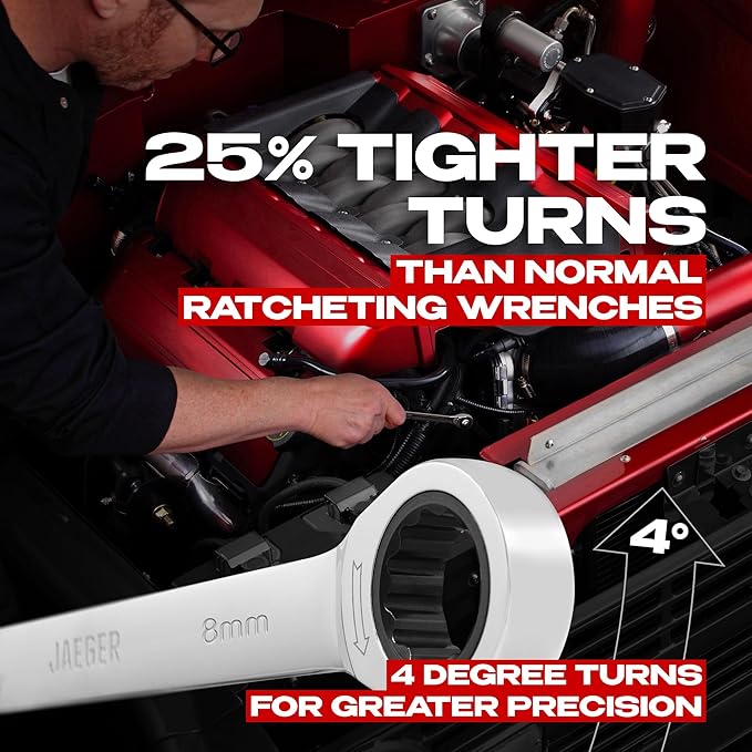 Jaeger 8 mm Ratchet Combination Wrench with 90-Tooth Ratcheting Precision and Hardened, Polished Steel for Projects with Metric Tight Spaces