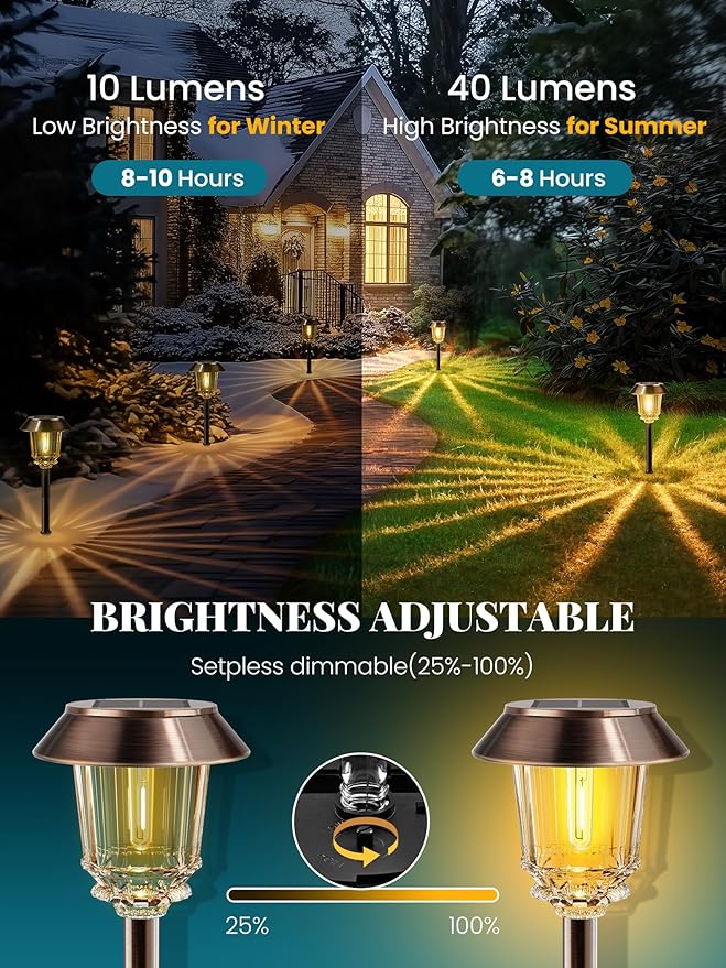 Solar Lights Outdoor Waterproof,4 Pack Bronze Pathway Lights with 10-40 LM Dimmable Glass and Metal, Solar Powered Garden Fall Decor for Yard,Patio,Pathway,Driveway(Warm White)