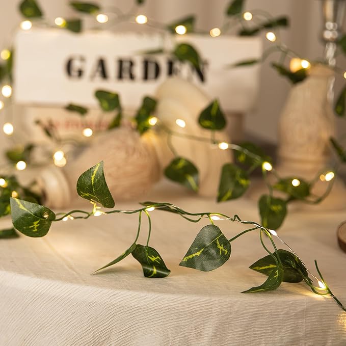 Vine with Fairy Lights, 2 Pack 40 LEDs Vine Lights Pothos Battery Operated Indoor String Lights, Artifical Garland Leaf Fairy Light Wall Wedding Garden Dorm Bedroom Decor