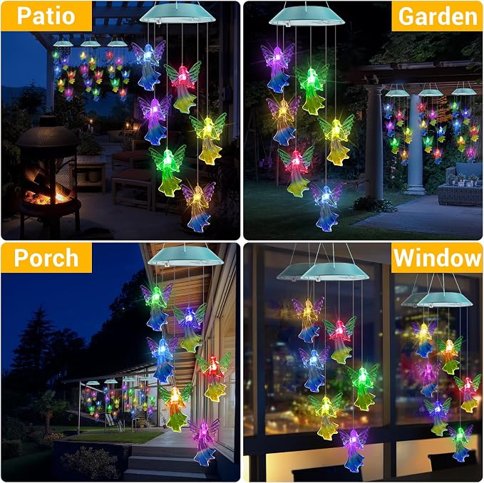 Toodour Solar Wind Chimes, Color Changing Angel Wind Chimes, LED Decorative Mobile, Gifts for Mom Grandma, Waterproof Outdoor Decorative Lights for Garden, Patio, Yard, Window Outdoor Decor