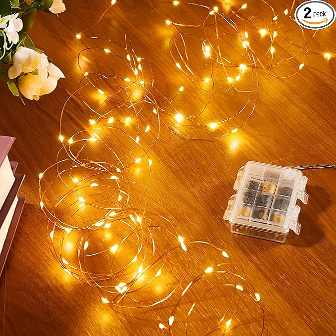 2 Pack 16.4 Ft. Battery Operated Outdoor String Lights with Remote & Timer, LED Warm White Fairy Lights, Waterproof Twinkle Lights for Bedroom, Dorm, Mason Jar, Wedding, Party, Christmas