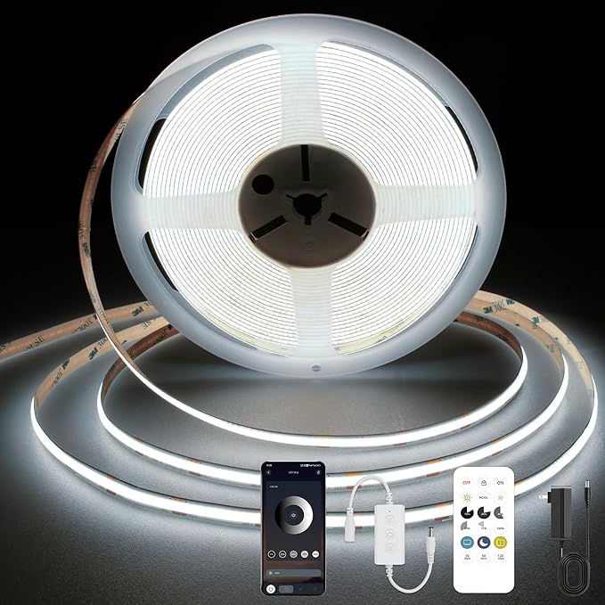 COB LED Strip Light 6000K, 24ft Dimmable White LED Strip Light, CRI92+, DC24V Tape Light with RF Remote, Timer Function, Bluetooth App Control for Home Bedroom Kitchen DIY Lighting.