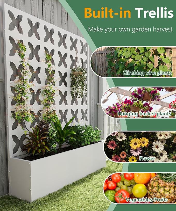 Metal Planter Box with Trellis,70.9"x47.2"x15.7" Raised Garden Bed with Drainage Holes, Privacy Planters for Outdoor Garden Bed for Climbing Plants,Vegetables,and Vines, White-X