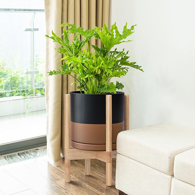 D'vine Dev Ceramic Planter with Natural Stand - 10 Inch Modern Round Flower Pot with Wood Planter Holder, Black/Speckled Tan, 55-B-K-7