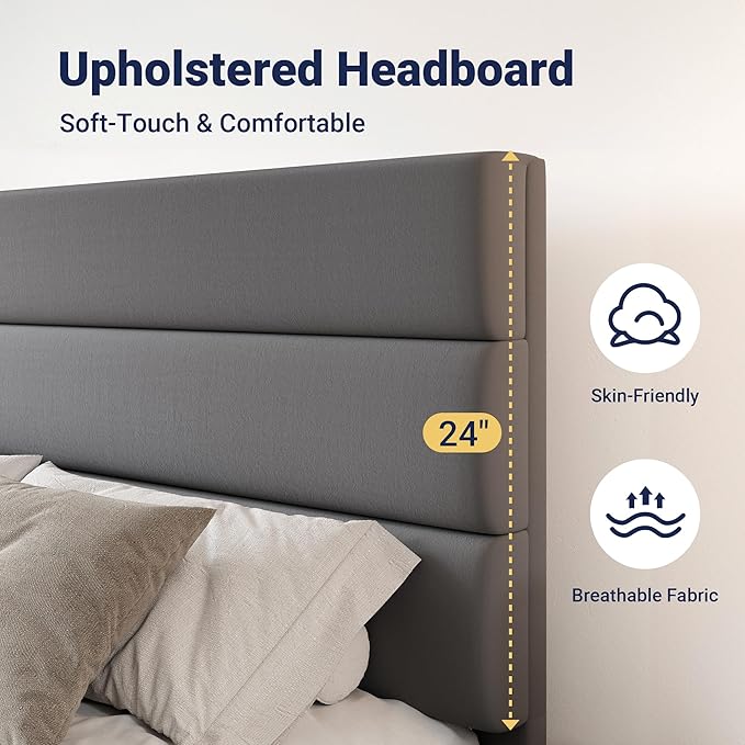 Allewie Modern King Size Platform Bed Frame with 4 Storage Drawers and Velvet Upholstered Headboard, Wooden Slats Support, Upholstered Mattress Foundation/No Box Spring Needed/Easy Assembly, Grey