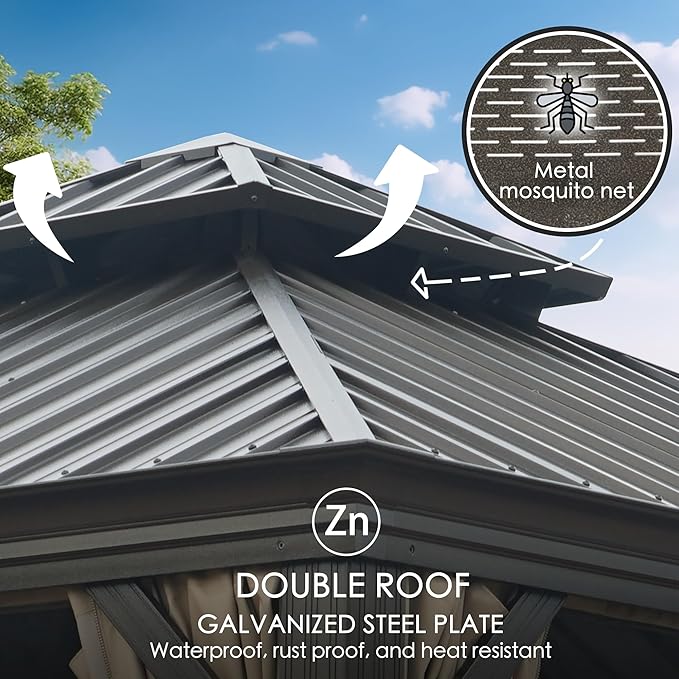 Kozyard Alexander 12' X 12' Hardtop Gazebo, Aluminum Metal Gazebo with Galvanized Steel Double Roof Canopy, Curtain and Netting for Patio Backyard Deck Lawn Brown