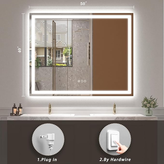 50x 40 LED Lighted Bathroom Mirror for Wall, Large Vanity Mirror with Lights, Dimmable, Anti-Fog, Shatter-Proof, ETL Listed (Front Lit+ Backlit)