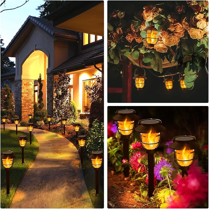 10 Pack Solar Pathway Lights Outdoor - Bright Solar Powered Garden Lights with Flickering Flame, Auto On/Off Waterproof Path Lights Decorative, Landscape Lighting for Yard Patio Walkway Driveway