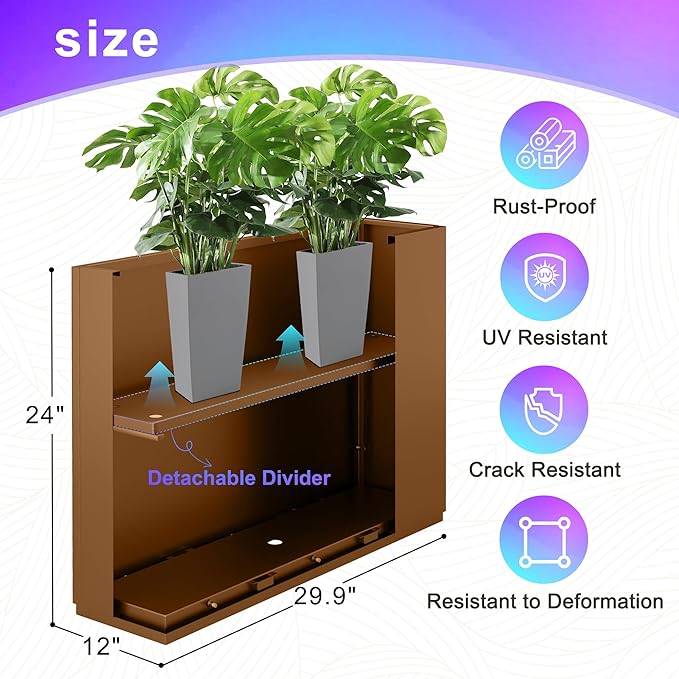 Tall Metal Planter, 12" W×24" H Large Rectangular Planter Box for Outdoor or Indoor, All-Weather Durable Plant Box with Drainage Holes & Removable Shelf for Patio, Porch, Garden, Trees, Flowers