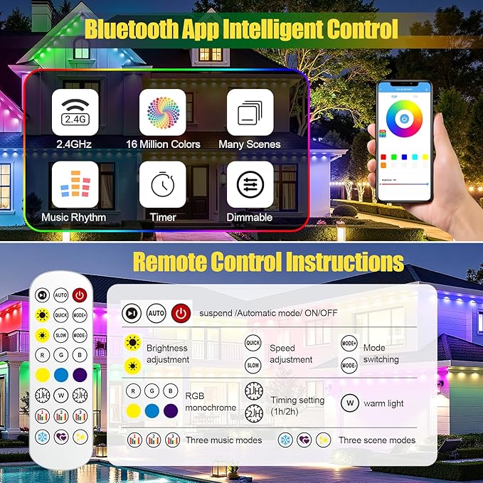 Permanent Outdoor Lights, 50ft RGB+IC Smart LED Lights, IP67 Waterproof Smart Outdoor Decorations with App/Remote for Christmas, New Year, Halloween, Holiday, Daily, Party Decor,Valentine's Day