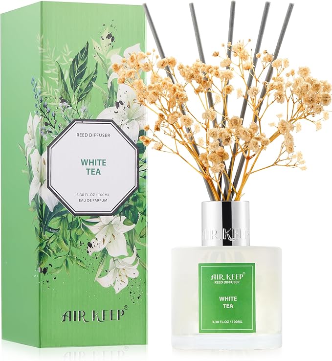Airkeep Reed Diffuser Set,3.38 fl oz (100 ml) - White Tea Oil Diffusers with 8 Reed Sticks, Home Fragrance Reed Diffuser for Bathroom Shelf Decor