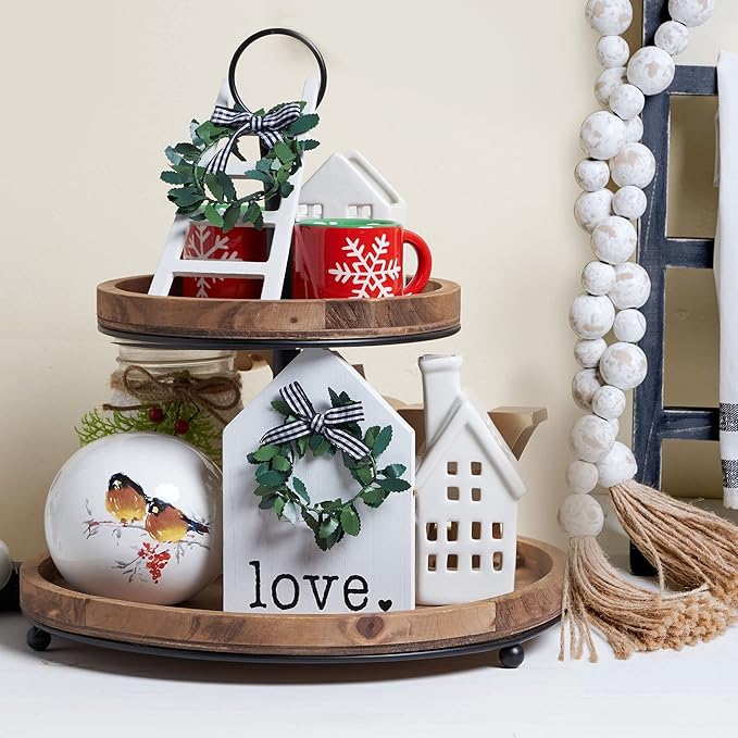 GENMOUS & CO. Farmhouse Tiered Tray Decor with Distressed Wood Bead Garland, Decorative 2 Tiered Serving Tray with Metal Handle for Rustic Home Décor