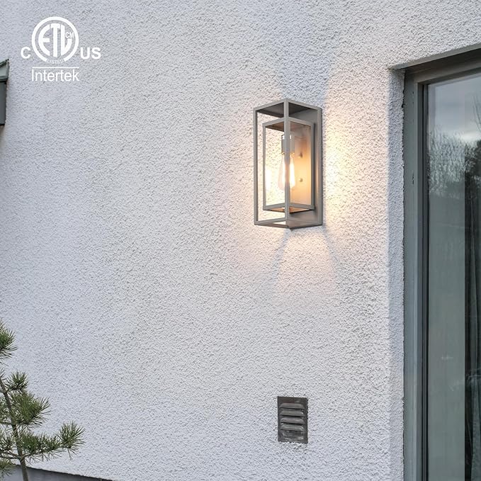 mirrea 14" Classic Outdoor Wall Sconce 1 Light in Rectangular Metal Frame and Clear Glass Shade Waterproof Porch Light Patio Light Pack of 2 (Matte Gray)