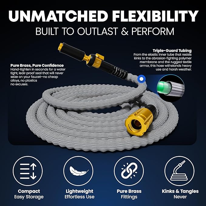 TITAN Flexible Garden Hose 7FT – Ultra Lightweight, Heavy Duty Water Hose with Brass Fittings & Jet Nozzle – Kink-Free, Non-Expanding, Durable Fabric Hose for Yard, Lawn, Car Wash, Outdoor Use